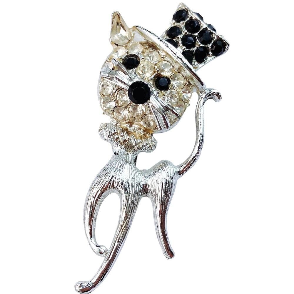 VTG Mid Century Brooch Silver Tone Rhinestone Whimsical Cat Figural 1950s 1960s